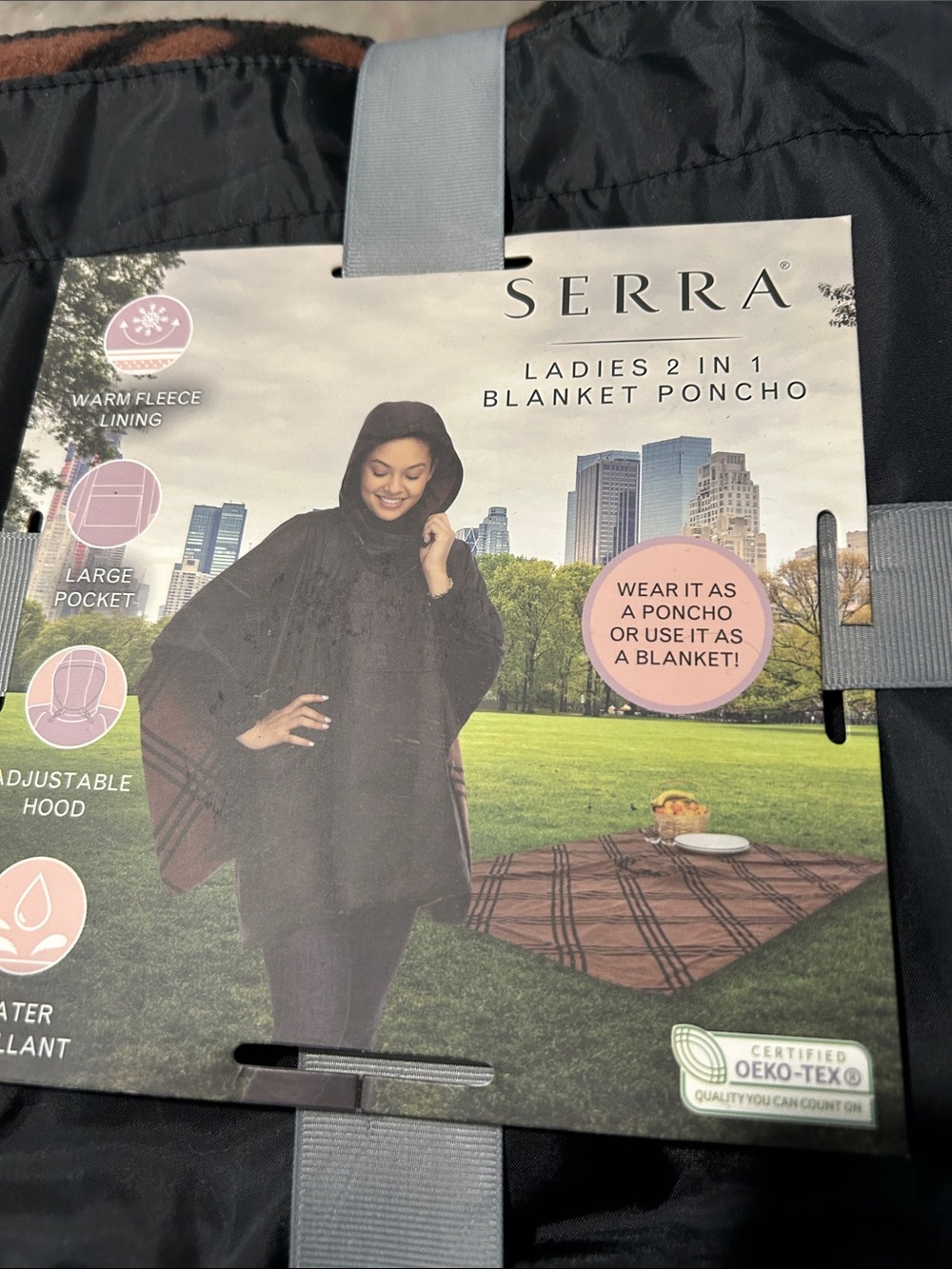 Serra Ladies 2-in-1 Blanket Poncho - Black with Plaid Accent